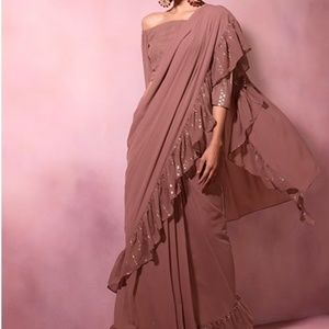 Dusty Pink Foil Print Ruffled Pre-Stitched Indian Saree/Sari